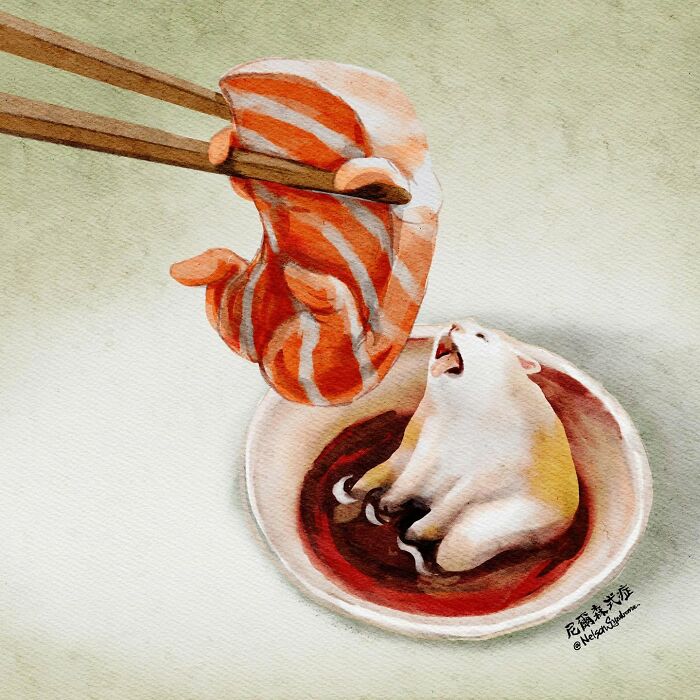 Illustration of a piece of salmon held by chopsticks above a cat in soy sauce by Nelson Syndrome