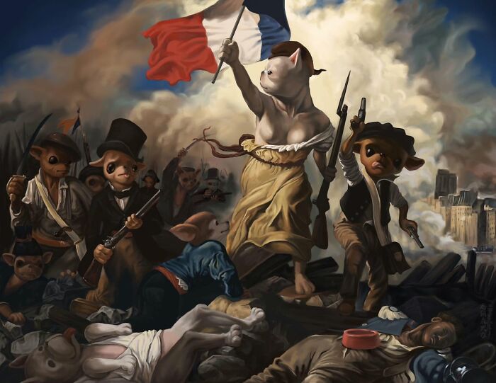 Nelson Syndrome parodies of Liberty Leading the People depicting dogs as the revolutionaries