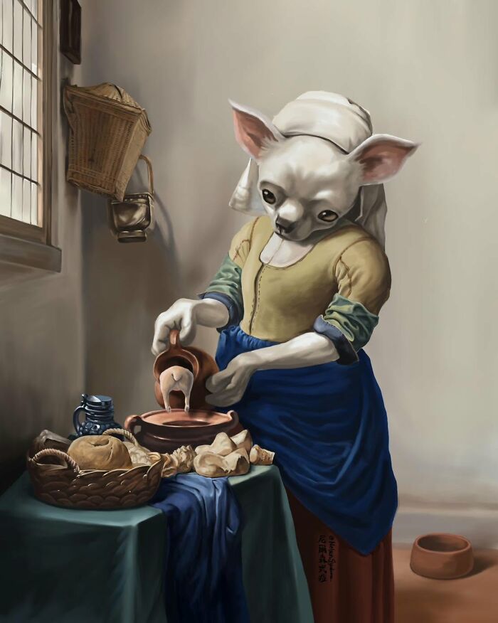 Nelson Syndrome illustrations parodying Johannes Vermeer's The Milkmaid with a chihuahua