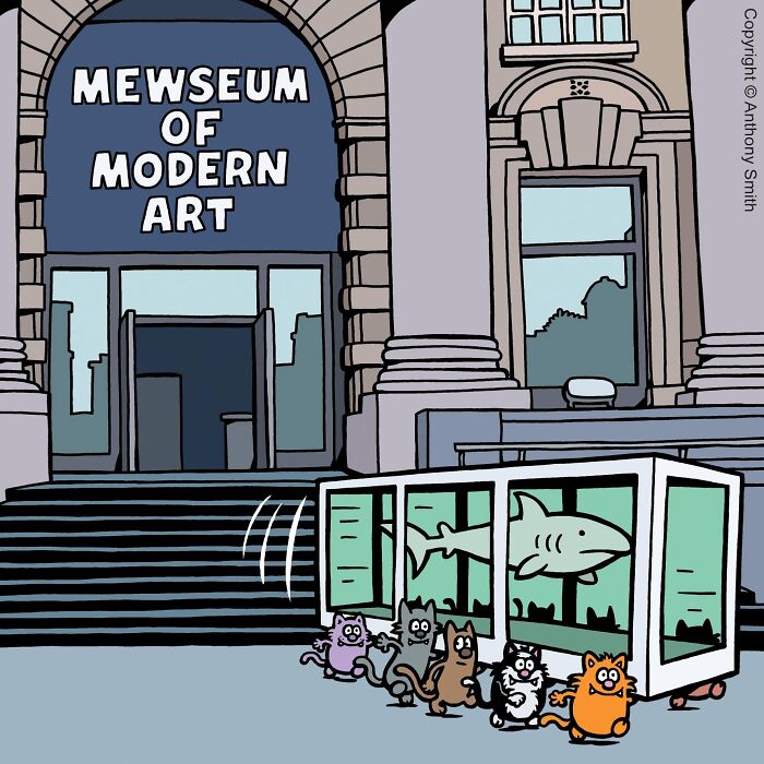 Funny cat comics art depicting several cats pulling a shark tank past the Mewseum of Modern Art entrance.