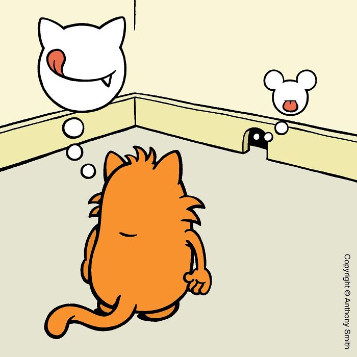 Funny cat comic illustrating an orange cat thinking about food while staring at a mouse hole.