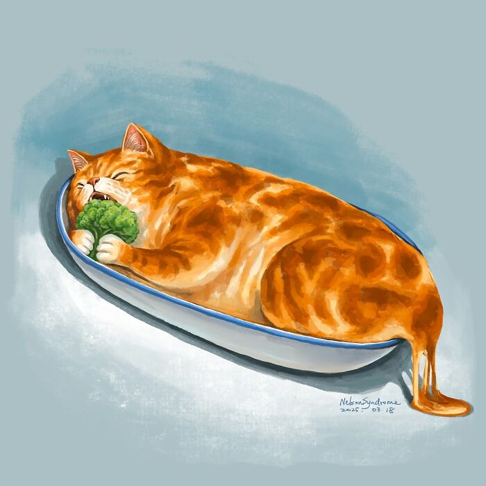 Orange tabby cat lying in a dish eating broccoli, illustrations by Nelson Syndrome.