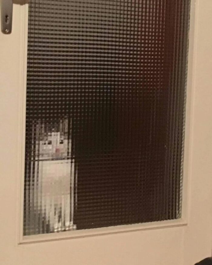 Pixelated silhouette of a white cat looking through a textured glass door.
