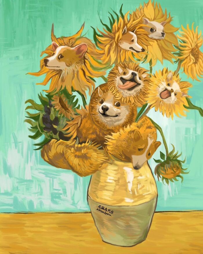 Vibrant Nelson Syndrome parodies painting showing yellow sunflowers with dog faces in a vase