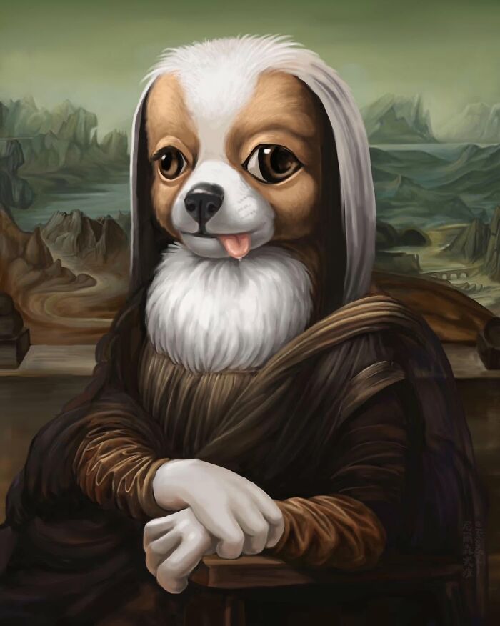 Illustrations By Nelson Syndrome parody of the Mona Lisa painting with a dog sticking its tongue out