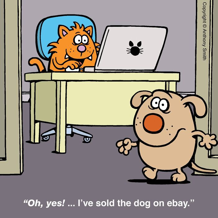 Funny cat comic depicting an orange cat sitting at a laptop after selling a dog online.