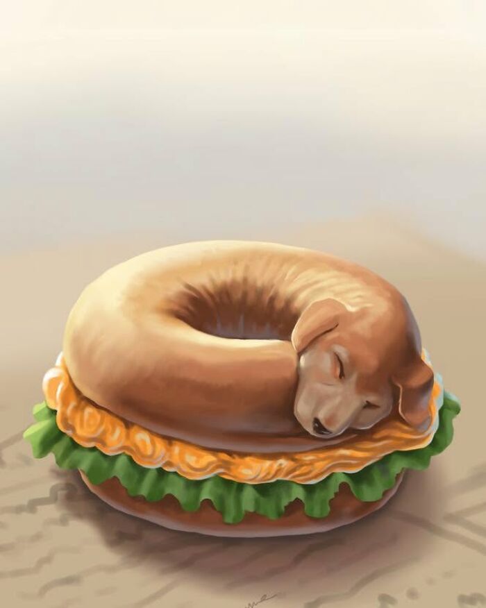 Illustrations By Nelson Syndrome drawing of a sleeping puppy curled up like a bagel sandwich