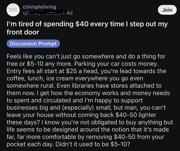 Financial dystopia post about spending 40 dollars every time stepping out the front door