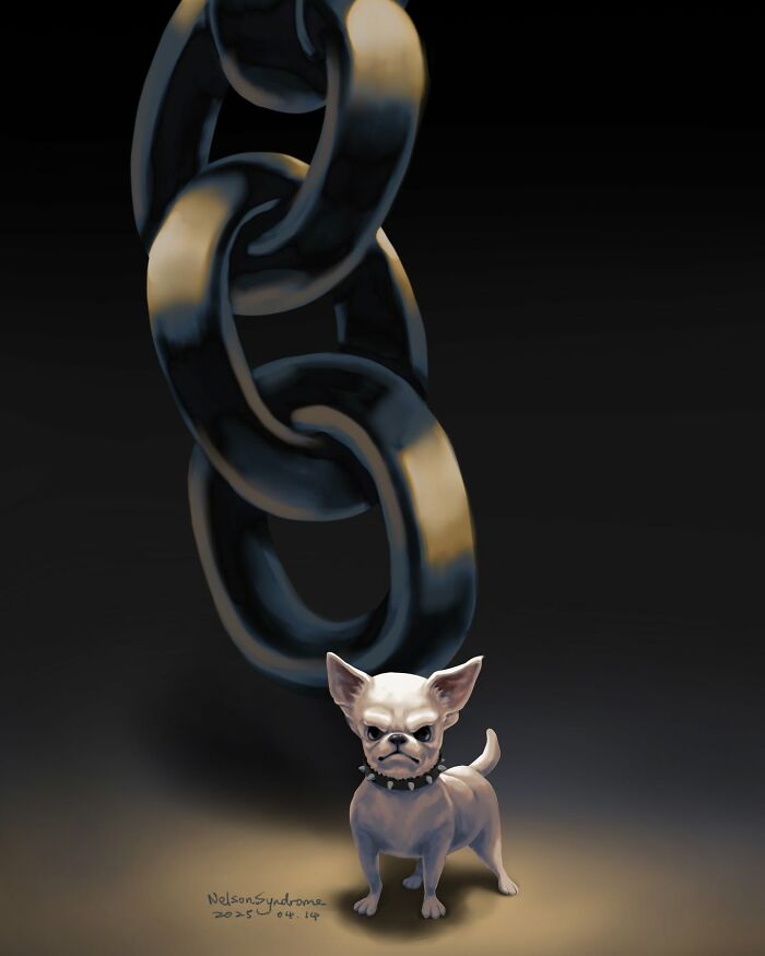 Illustrations By Nelson Syndrome artwork depicting a small angry chihuahua next to a giant metal chain