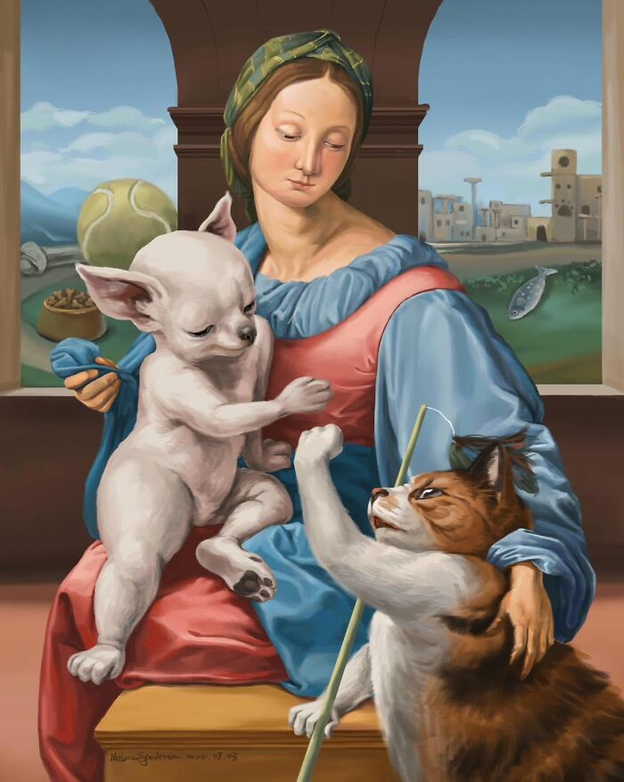 Illustrations By Nelson Syndrome parody painting of a woman holding a chihuahua and a cat