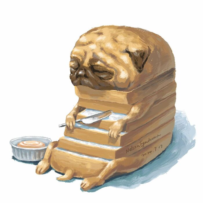 Illustrations By Nelson Syndrome showing a funny pug shaped like a loaf of sliced bread holding a knife