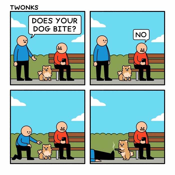 Funny comic by Steve Nelson about a cute dog holding a gun at a park.