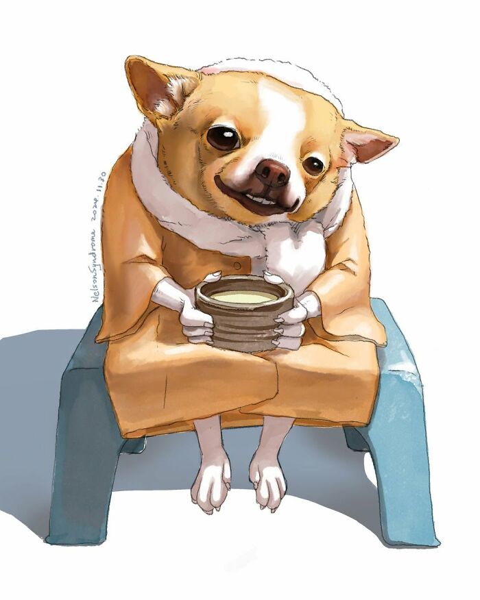 Charming illustration by Nelson Syndrome of a cute chihuahua sitting on a tiny stool holding a warm beverage.