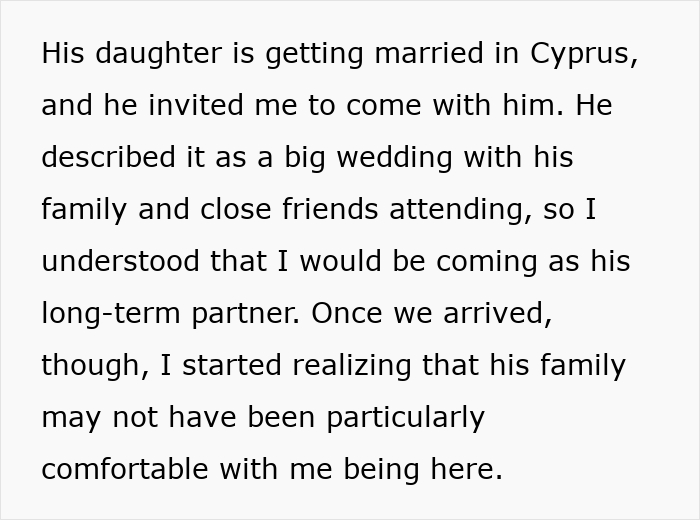 Story text about a boyfriend inviting his partner to a daughter's wedding in Cyprus Story text about a boyfriend inviting his partner to a daughter's wedding in Cyprus