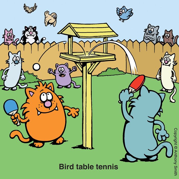 Funny cat comic showing cartoon cats using a wooden bird feeder as a ping pong net in a backyard.