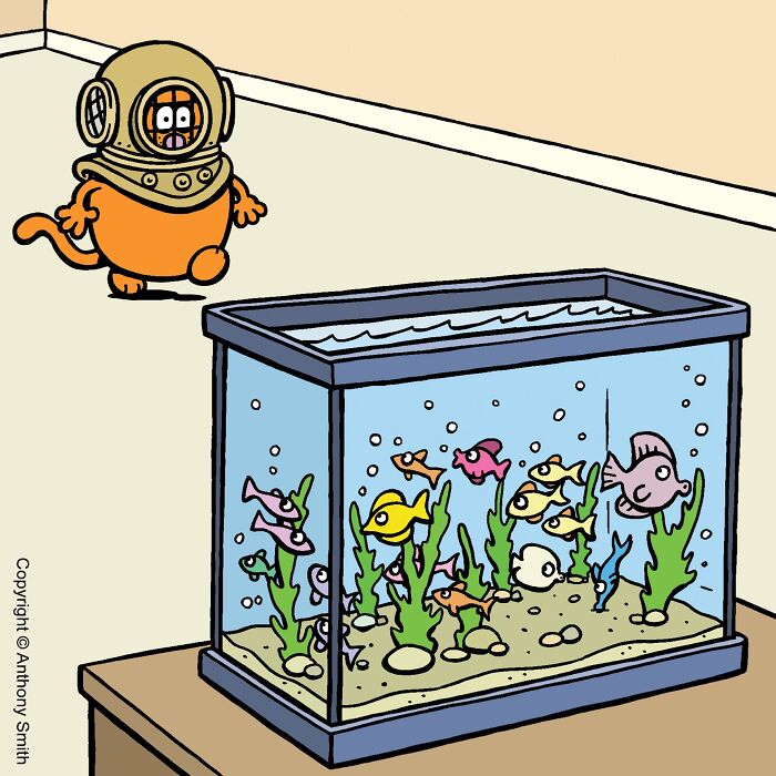 Funny cat comic of a cat wearing a diving helmet approaching a full fish tank.