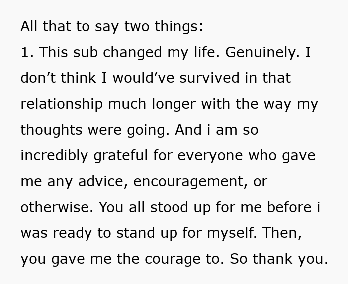 A text post expressing gratitude to online supporters who helped her recover and leave her boyfriend.