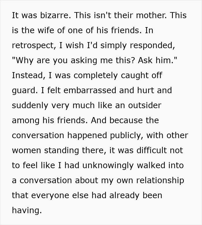 Black text describing a bizarre, hurtful conversation with a friend's wife that left a girlfriend feeling hurt. Black text describing a bizarre, hurtful conversation with a friend's wife that left a girlfriend feeling hurt.