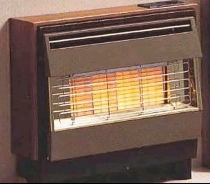 A vintage space heater glowing warm, featured in a collection of nostalgic photos from 80s kids childhoods.