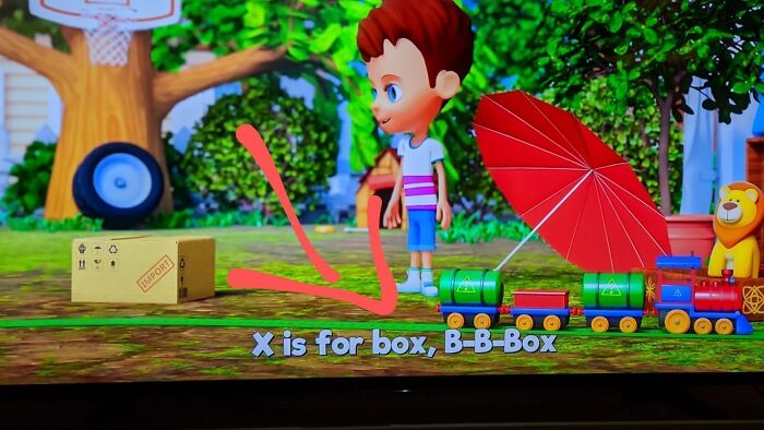 Absurd educational graphic with an arrow pointing to a train car for the letter X.