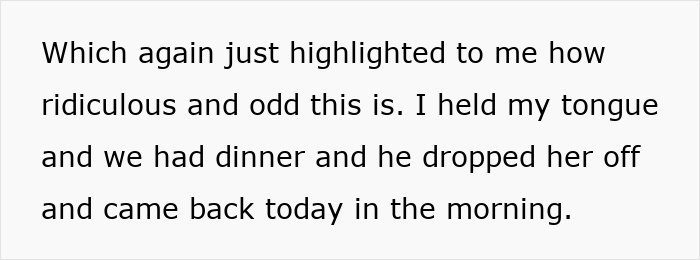 A social media text post detailing a mother's reaction to her son's GF and their dinner plans. A social media text post detailing a mother's reaction to her son's GF and their dinner plans.