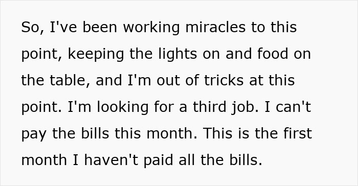 Text snippet describing the struggle to pay bills and balance jobs after becoming a tradwife. Text snippet describing the struggle to pay bills and balance jobs after becoming a tradwife.