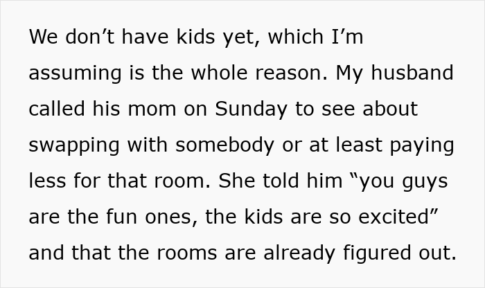 A screenshot of text about a MIL asking a child-free couple to share a bunk room with kids. A screenshot of text about a MIL asking a child-free couple to share a bunk room with kids.