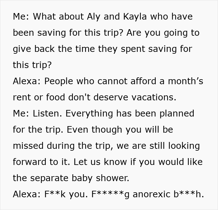 Text message exchange showing harsh insults after conflict over a group trip and pregnancy