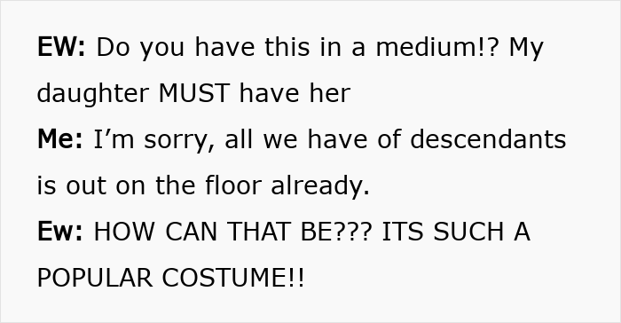 A customer asks an employee for a popular costume in a medium size. A customer asks an employee for a popular costume in a medium size.