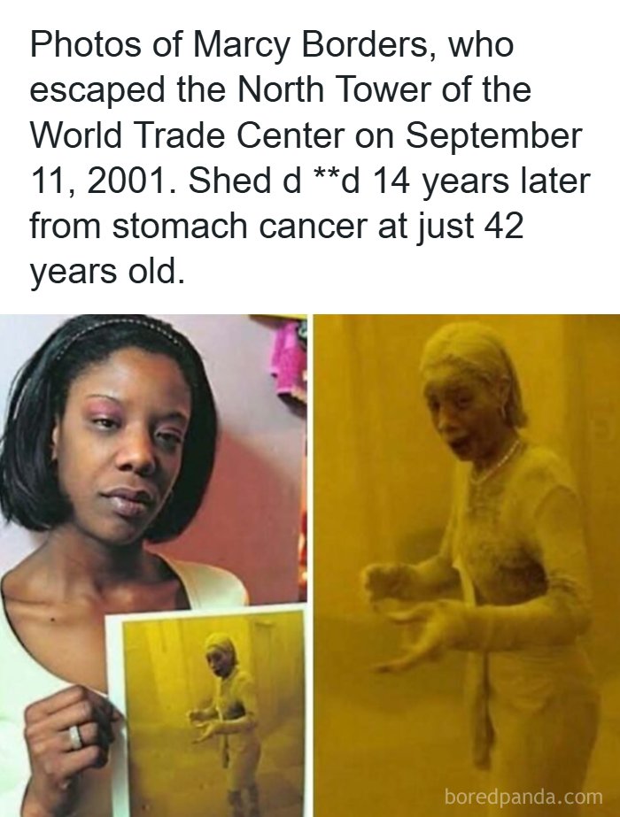 A split photo of 9/11 survivor Marcy Borders covered in dust, illustrating creepy facts and news stories.