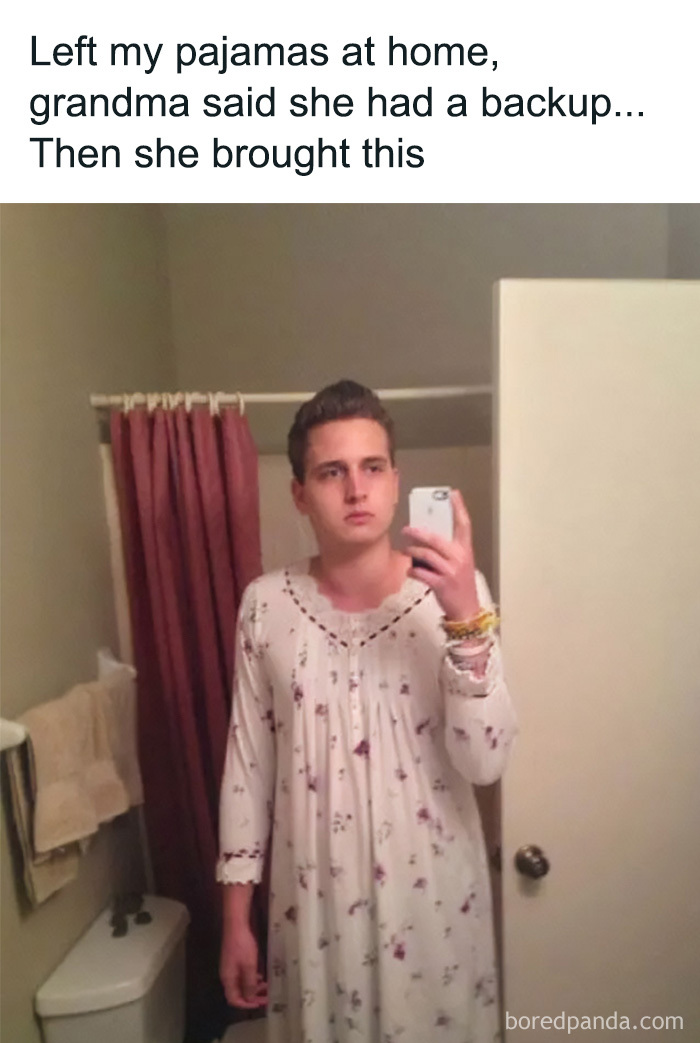 Edgy memes showing a man wearing a floral nightgown in a bathroom.