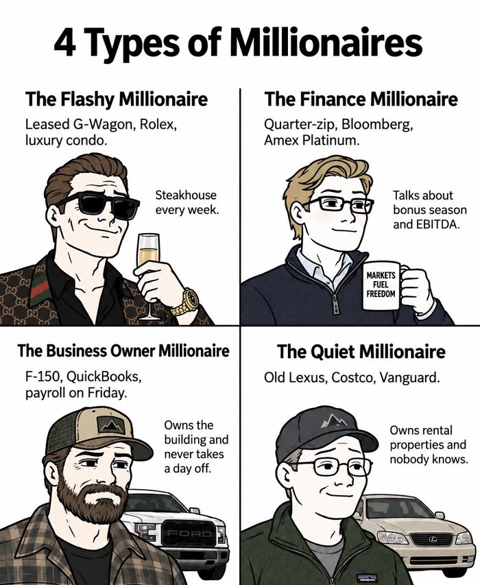 Four types of millionaires including flashy, finance, business owner, and quiet millionaire