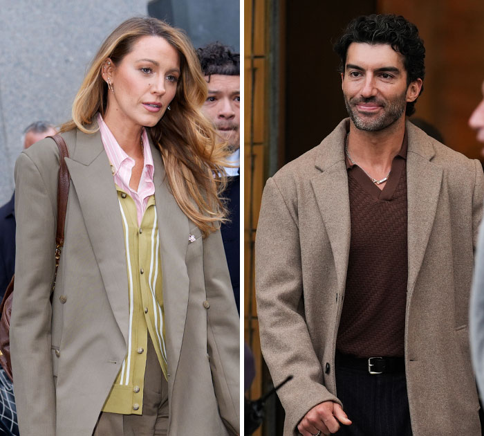 Side-by-side portraits of Blake Lively in a tan blazer and Justin Baldoni in a brown coat.