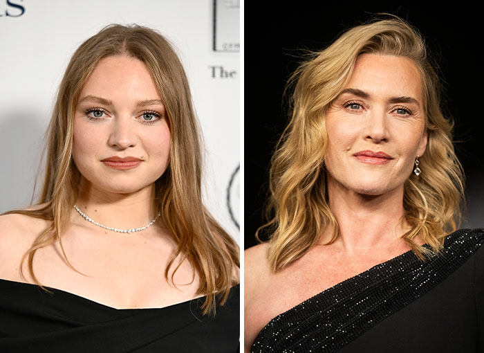 Side-by-side portraits of Mia Threapleton and Kate Winslet representing nepo babies in Hollywood.