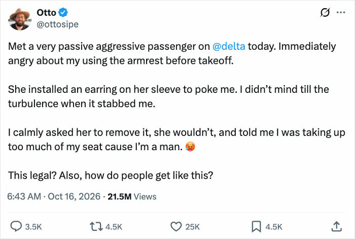 Tweet describing passenger using earring on sleeve to poke man on Delta flight Tweet describing passenger using earring on sleeve to poke man on Delta flight