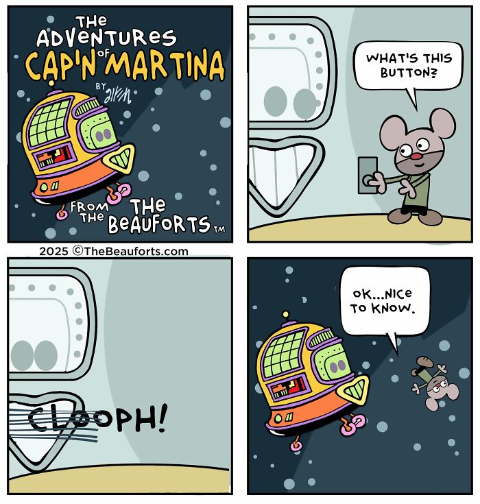 Funny space comics strip of a cartoon mouse pressing a button and getting ejected into outer space. Funny space comics strip of a cartoon mouse pressing a button and getting ejected into outer space.