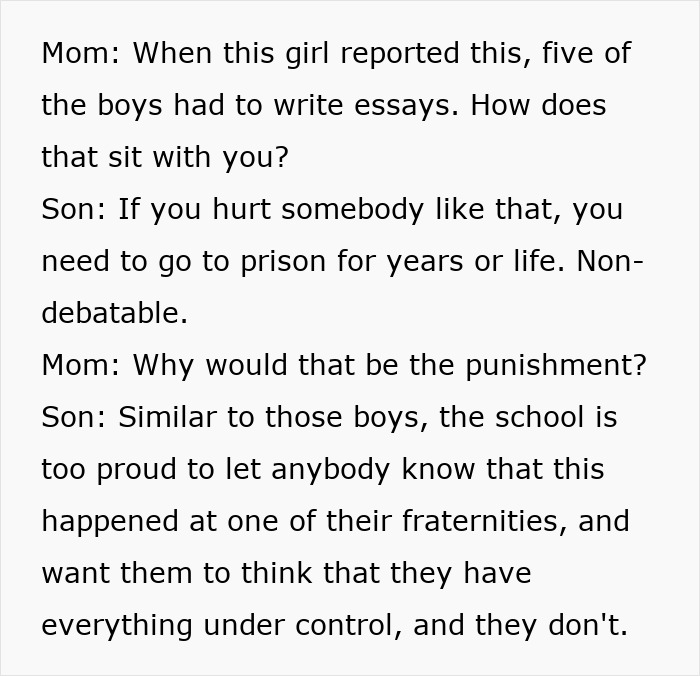 Text snippet of mom and 7th-grader discussing consequences and school accountability regarding the Cornell Case.