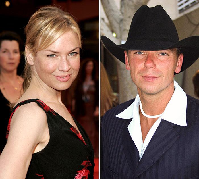 Side-by-side portraits of Renee Zellweger and Kenny Chesney, known for their short celebrity marriages.