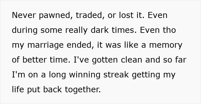 Black text on a white background explaining a personal story about keeping a family heirloom after a marriage ended. Black text on a white background explaining a personal story about keeping a family heirloom after a marriage ended.
