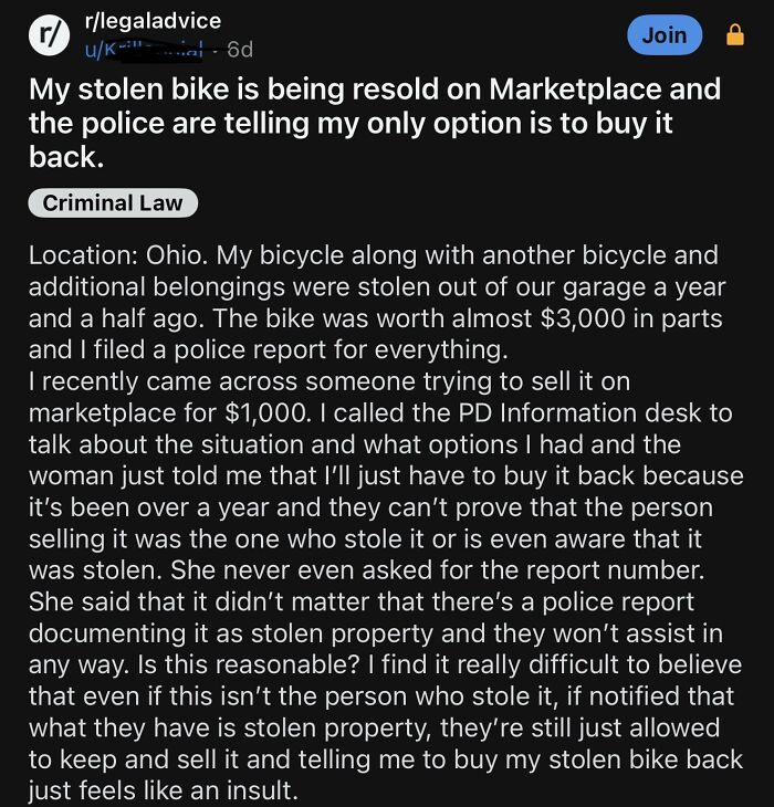 Legal advice post about stolen bike resale during financial dystopia