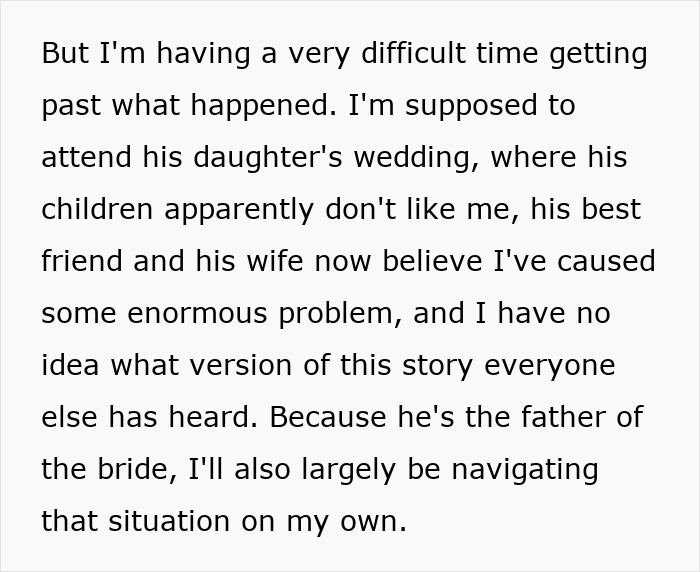 An image with text detailing a conflict at his daughter's wedding and feelings of navigating it alone An image with text detailing a conflict at his daughter's wedding and feelings of navigating it alone