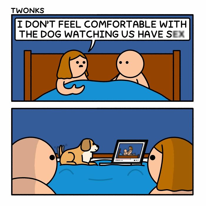 Funny comic by Steve Nelson with a couple in bed and a dog watching on a laptop screen.