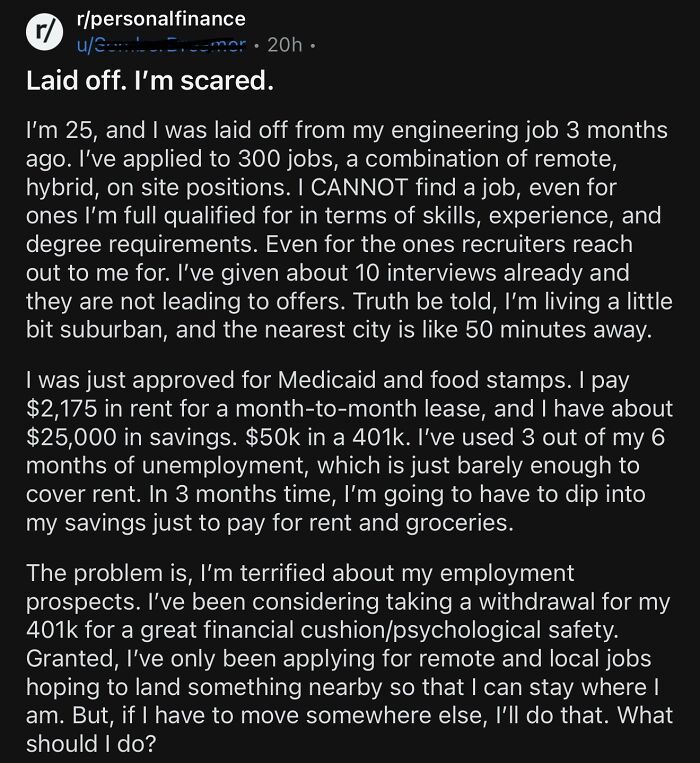 Personal finance post about job loss and financial struggles in financial dystopia