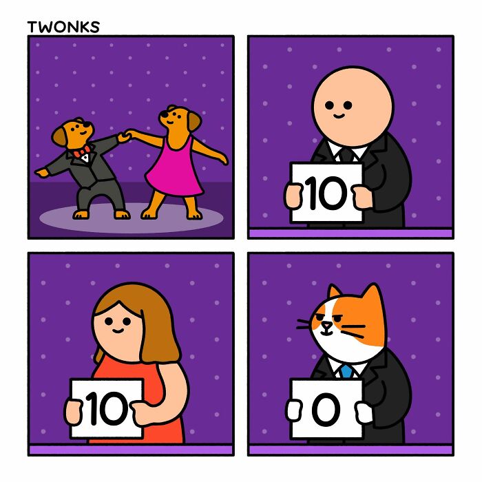 Funny comics about dogs dancing on a stage while judges give them scores.