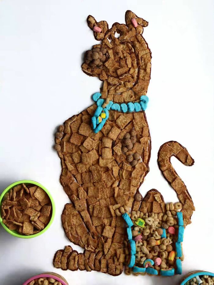 Sarah Rosado everyday food art of cartoon dog Scooby-Doo made from breakfast cereal.
