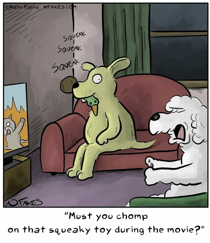 Dog chomps squeaky toy during movie in funny dog comics