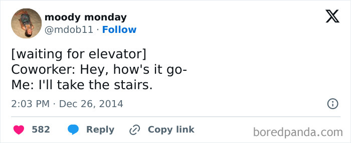 Relatable work tweets about avoiding conversation with a coworker at the elevator by taking the stairs.
