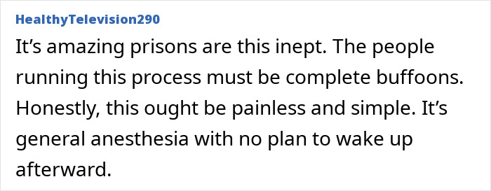 A social media comment questioning the efficiency of prisons during a botched lethal injection process