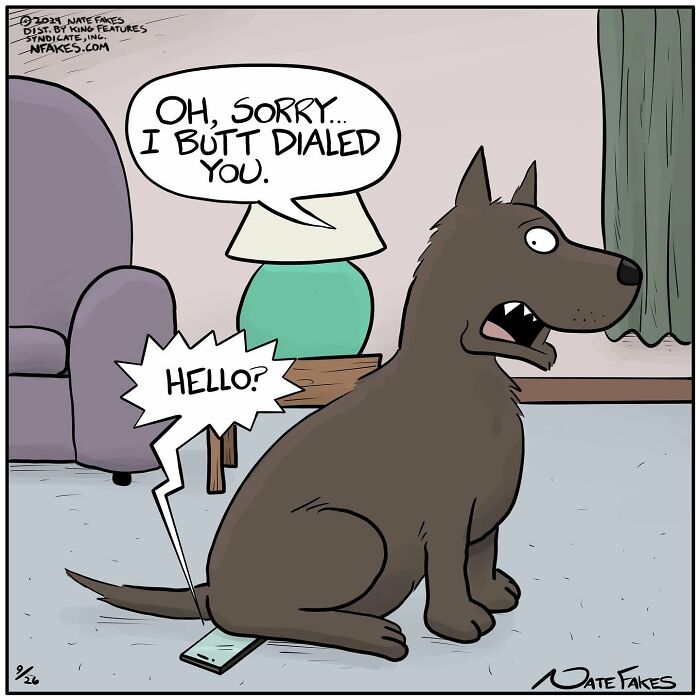 Dog comic showing dog b**t dialing on phone in humorous scene