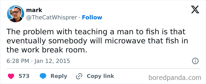 Funny work tweets discussing the issue of microwaving fish in the office break room.